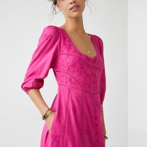 New Free People Lisa Lace Midi Dress SMALL Pink BUTTON-FRONT Embroidered